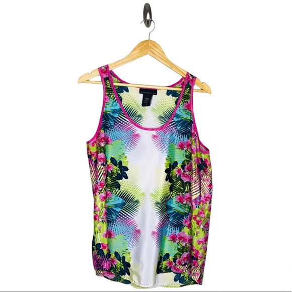 Attention Tropical Botanical Print Satin Sleeveless Blouse Size Large - Picture 6 of 6